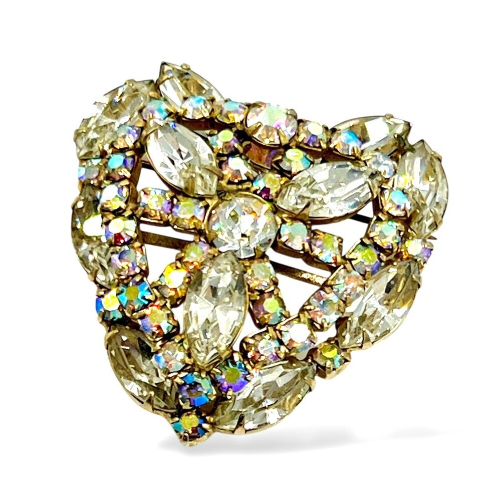 Large Vintage 1950s Heart Shaped Rhinestones Brooch Pin Layered